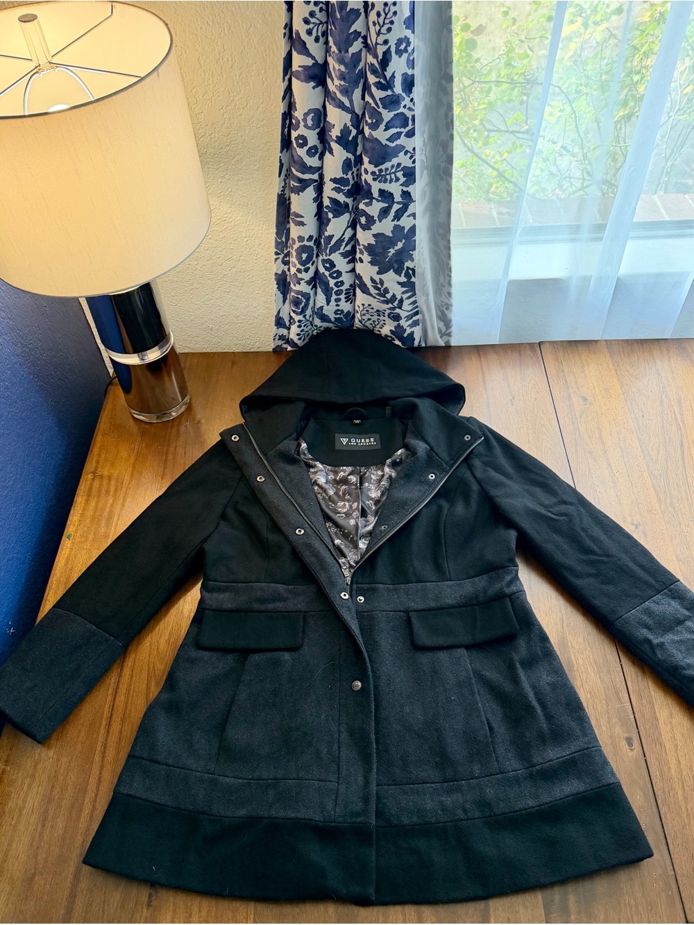 Guess Black Hooded Wool-Blend Trench Coat